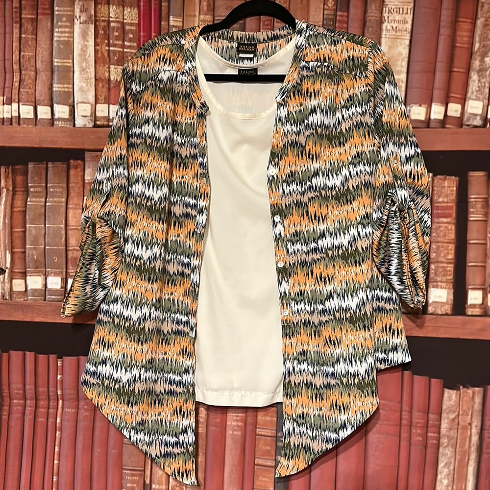 Salon Studio Haband 3 Piece Top Set L Cardigan 2 Tanks Abstract Print